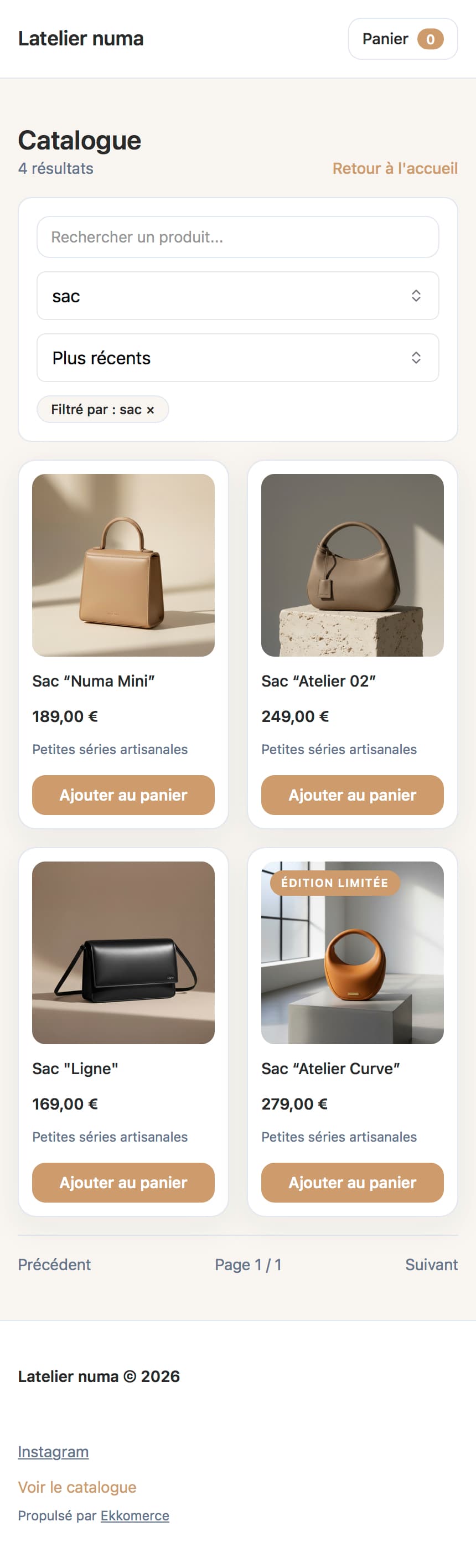 Catalogue mobile de la boutique L'atelier Numa